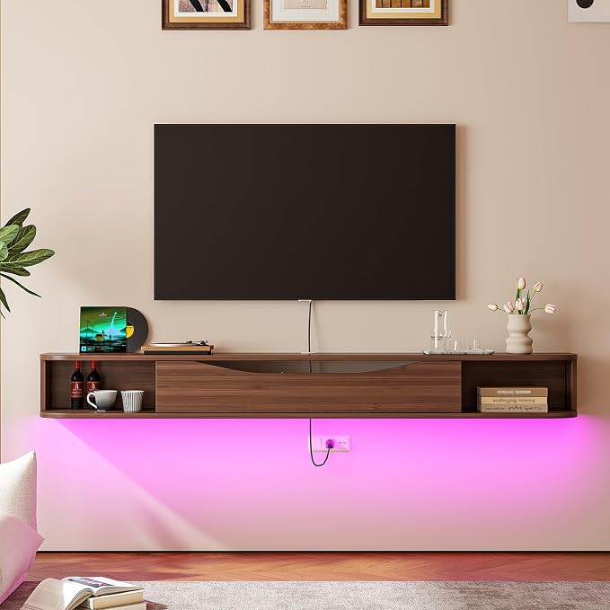FurniNova Floating TV Stand,94'' Wall Mounted TV Cabinet,Floating TV Console,Under TV Shelf with 1 Door and 2 Cabinets for TVs up to 90''(Walnut) - Image 3