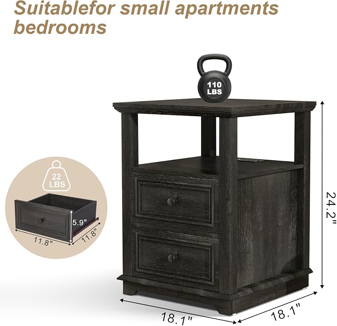 Vipbear 18" Nightstand with Charging Station Black Farmhouse End Table with Drawers Wood Night Stand for Bedroom Modern Bedside End Table with Open Shelf Storage Space - Image 2
