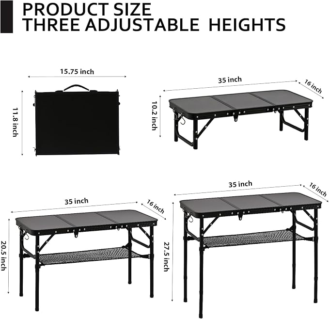 YihuiKo Folding Picnic Table with Storage Net, Matte Black Aluminum Folding Table 35" x 16", Adjustable Height Max 27.5", Lightweight Portable for Camping Travel Grill Indoor - Image 3