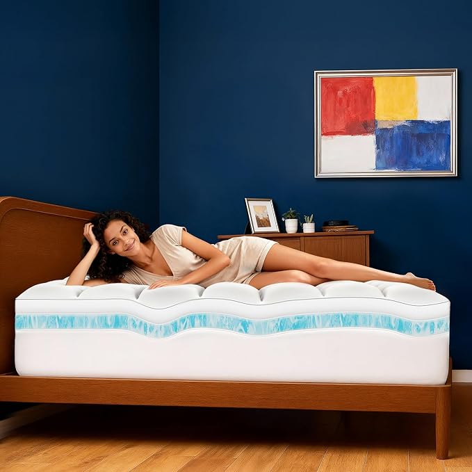 California King Dual Layer 4 Inch Memory Foam Mattress Topper, 2 Inch Cooling Gel Memory Foam and 2 Inch Down Alternative Pillow Top, 8-24 Inch Deep Pocket, Medium Support for Back Pain