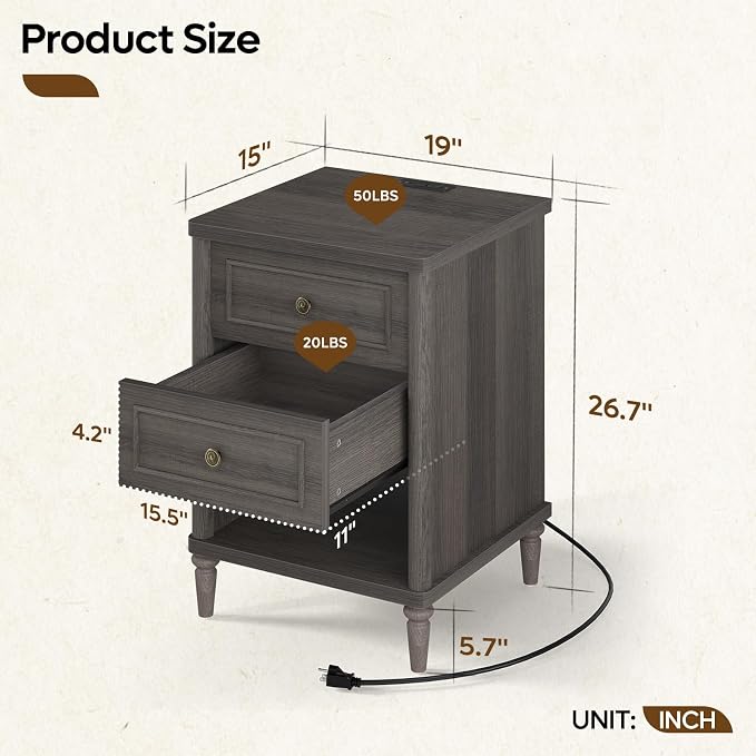 Bestier Nightstand Set of 2, 26.7" Farmhouse Night Stand with Chargeing Station, Wood Modern Nightstand with 2 Drawers & Shelf, Bed Side Table with Outlets & Ports, End Table for Bedroom, Black - Image 3