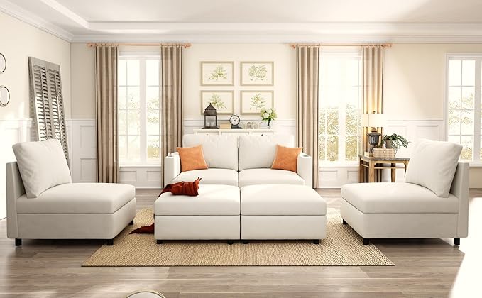 ERYE Oversized Chenille Upholstered Modular Storage Sectional Sofa Couch W/2 Movable Ottomans & Cupholders, U-Shaped Free Combined Sofa Couch Convertible Sleeper Sofabed for Living Room Apartment