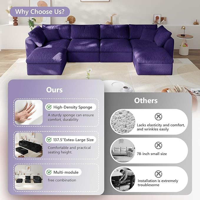 138" Modular Sectional Sofa Boneless Cloud Couch for Living Room, L Shape Deep Seat Recliner Sofa with Ottoman, Adjustable Backrest & 2 Throw Pillows - Covers Washable, (Purple, 4 Seater+1 Ottoman)