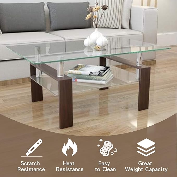 39.4'' Rectangle Glass Coffee Table, Brown Coffee Table with Tempered Glass & Metal Legs, 2-Tier Modern Center Table with Storage Shelf, Clear Glass Coffee Tables for Living Room, Apartment, Office