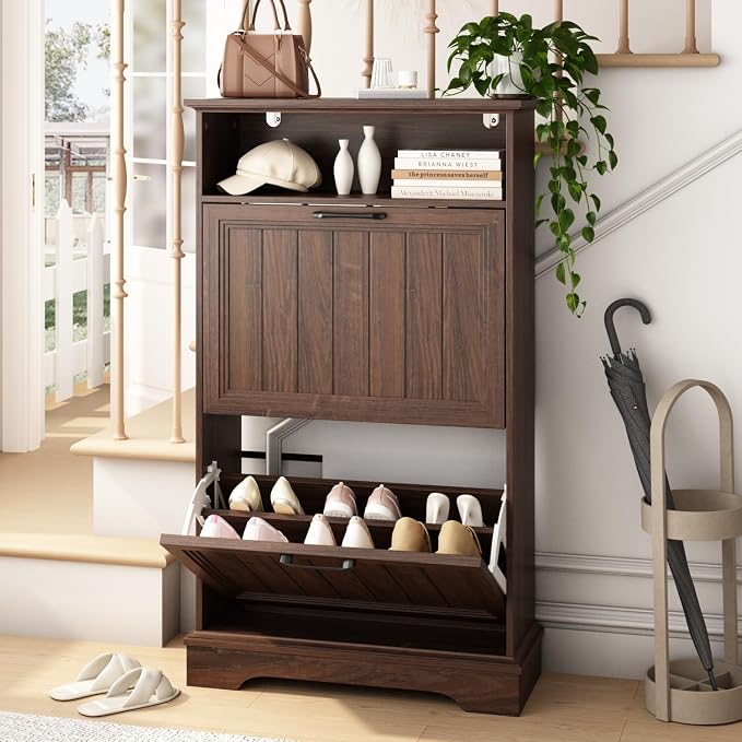 Shoe Storage Cabinet with 2 Flip Drawers, 24" W Farmhouse Modern Hidden Shoes Rack Cabinet with Adjustable Shelves & Open Storage, Narrow Slim Shoe Organizer for Front Door Entrance, Entryway, Walnut by WINWY