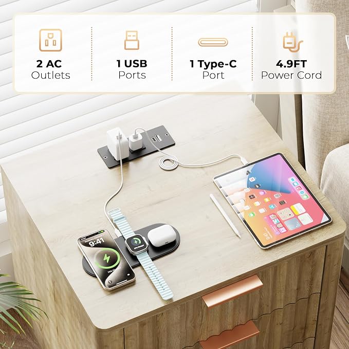 Fluted Nightstand Set of 2, Multifunctional 3 Drawers Storage Bedside Table with Charging Station, Wood Modern Nightstand, Curved Profile Design, End Table for Indoor Room Bedroom, Oak - Image 3