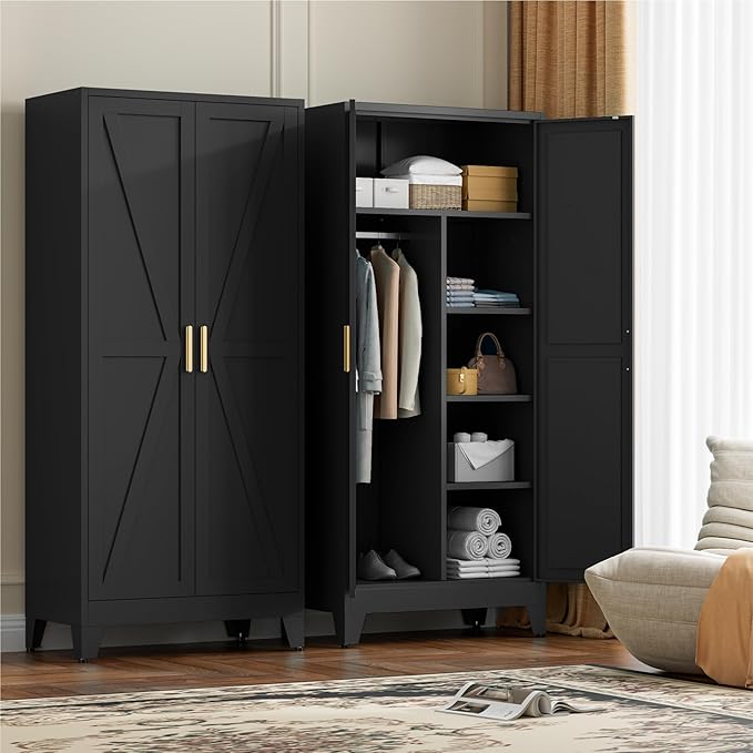 LCAOPC 71" Tall Metal Wardrobe Closet with Adjustable Shelves and Hanging Rod, 2 Doors Office Storage Locker Cabinet for Home, Office, Bedroom, Laundry Room, Black
