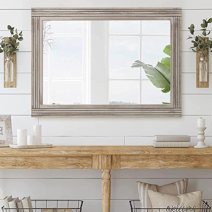 YOSHOOT Hand-Made Wooden Spliced Wall Mirror for Bathroom, Rustic Farmhouse Vanity Mirror, Décor Wall Art, Solid Wood Frame, Vertical or Horizontal Hanging, 60" x 30", Grey - Image 5