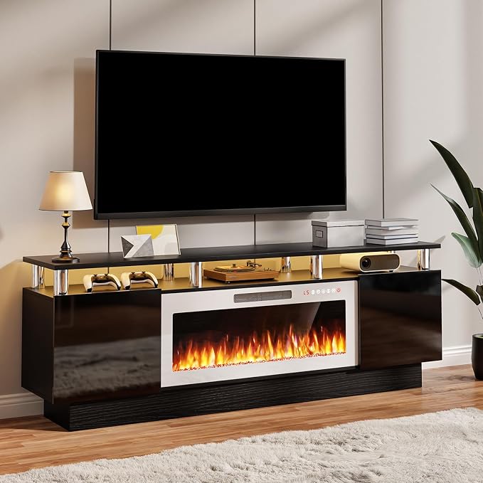 TAVATA 70" Fireplace TV Stand Up to 80" TVs, High Gloss Modern Entertainment Center with Storage, Wood Media Console Cabinet with 36" Fireplace & Open Shelf for Living Room, Black+White by TAVATA