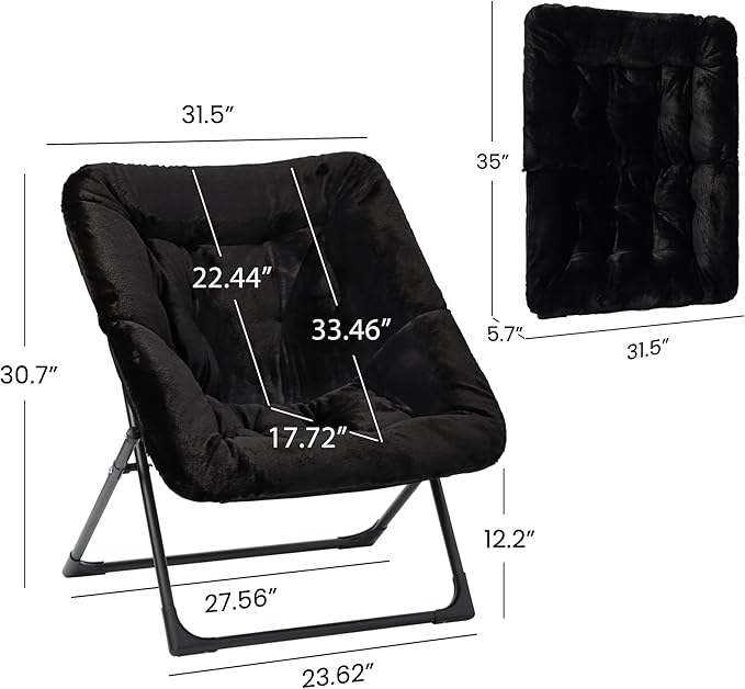 Comfy Saucer Chair for Adults, Soft Faux Fur Bedroom Chair, Accent Dorm Chairs, Flexible Living Room Reading Chairs, Oversized Folding Seat for Teens, X-Large, Black