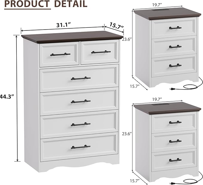 Bedroom Set, 3 Pieces Bedroom Furniture Set, Wood 6 Drawer Dresser and 3 Drawers Nightstands with Charging Station, Farmhouse Storage Organizer Cabinet for Bedroom, White