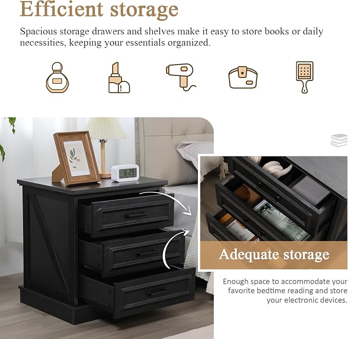 Farmhouse Nightstand with Charging Station, Wood Night Stands with 3 Drawers, 22" Wide End Table with Storage, Black Bedside Cabinet for Bedroom - Image 4