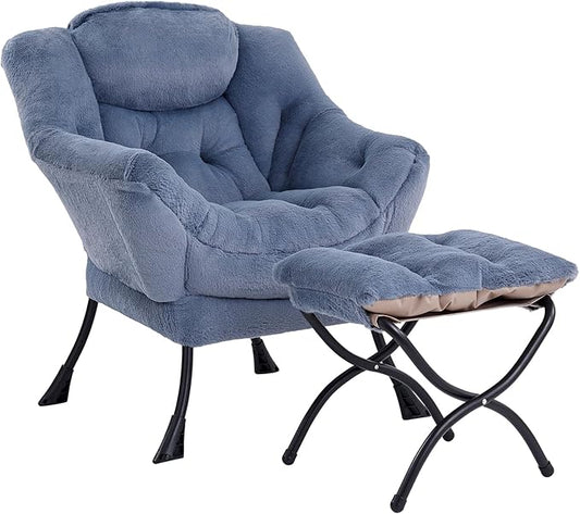 Lazy Chair with Ottoman, Modern Accent Chair Contemporary Lounge Leisure Sofa Chair with Armrests, Reading Chair and Folding Footstool Set for Living Room, Bedroom, Office, Velvet Black