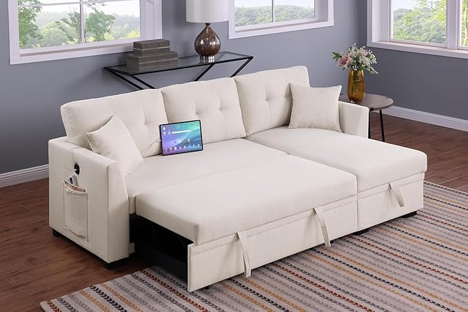 ERYE 81.5-inch Pull Out Sleeper Couch Bed, L-Shaped Reversible Sleeper Sectional Sofa Velvet Tufted Upholstered Corner Convertible Sofa Bed with Storage Chaise,USB Ports