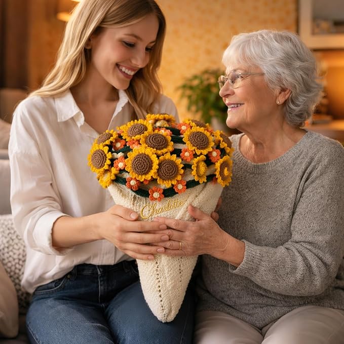 Personalized Handmade Crochet Rose Flower Blanket Bouquet – Custom Name Gift for Mother's Day, Valentine’s Day, Mom or Girlfriend（Sunflowers）