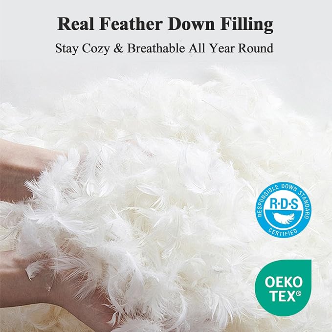 Topllen Down Feather Comforter Queen Size, All Season Duvet Insert, 100% Cotton Shell, Soft and Breathable Bedding with 8 Corner Tabs (90 x 90, Grey)