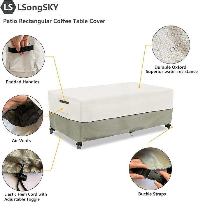 Outdoor Coffee Table Cover,Waterproof Rectangular Patio Small Side Table Cover,42 x 26 x 16 inch,Outdoor Table Covers Waterproof Rectangle,White&Grey-green. - Image 3