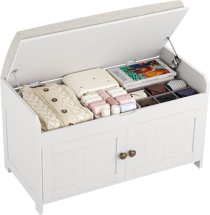 HOMEFORT 30" Shoe Bench with Lift Top Storage, Entryway Bench with Cushioned Seat, Wooden End of Bed Bench, Shoe Cabinet Bench with Hidden Storage Space, for Bedroom, Hallway,White by HOMEFORT