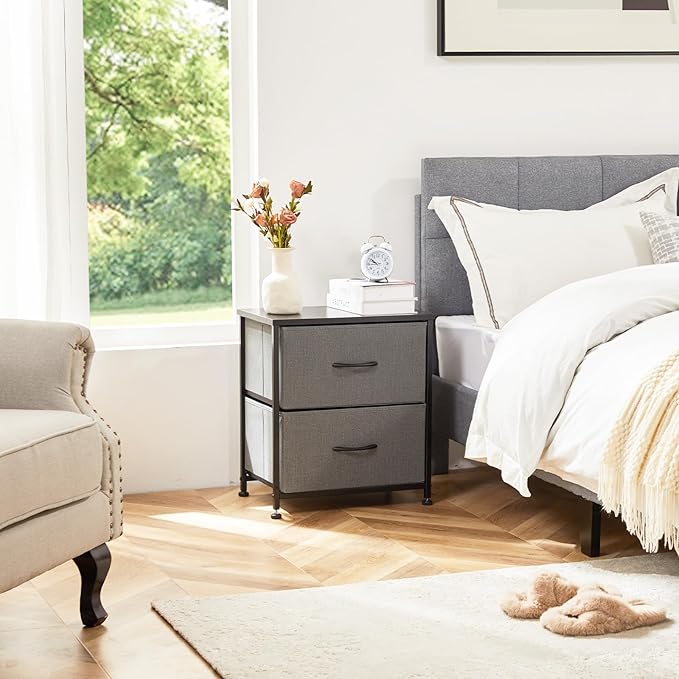 Simple Deluxe Nightstand 2 Drawers Dresser for Bedroom, 3-Tier Bedside Table with Fabric Bins, End Table for Living Room, Wood top Load-Bearing up to 44 lb, Grey