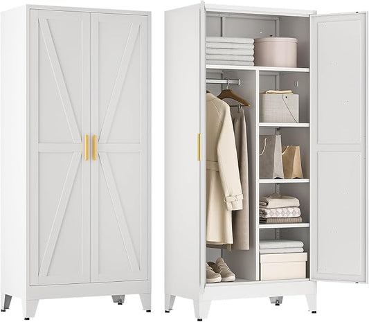 71" Tall Metal Armoire Wardrobe Closet, Clothing Storage Cabinet, Freestanding Wardrobe Cabinet with 4 Adjustable Shelves for Bedroom, Office, Garage