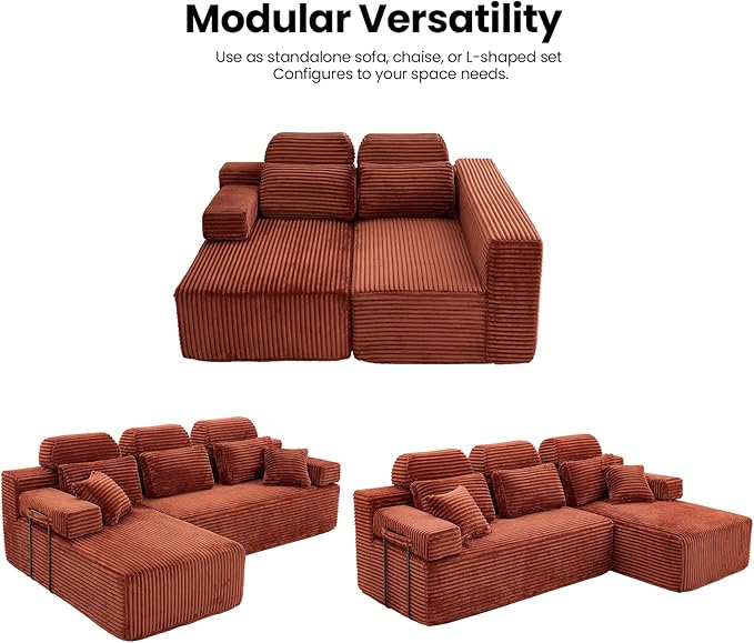104" L-Shaped Cloud Modular Sectional Sofa with Chaise & Headrest, Boneless Deep Seat Plush Corduroy Couches for Large Living Room, No Assembly Required (Orange, 104" L-shapred Chaise)