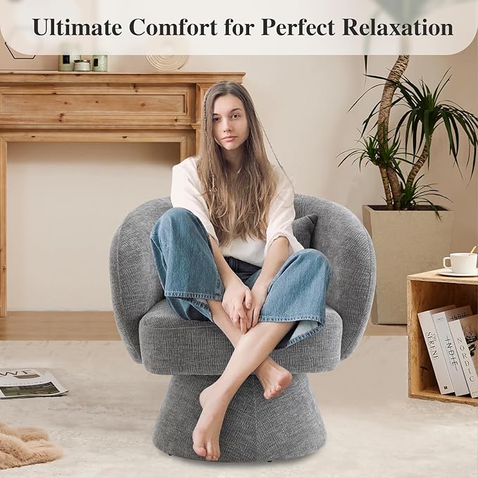 360° Swivel Accent Chair, Modern Velvet Barrel Chair with Pillow, Upholstered Single Sofa for Living Room, Bedroom, Office. Grey