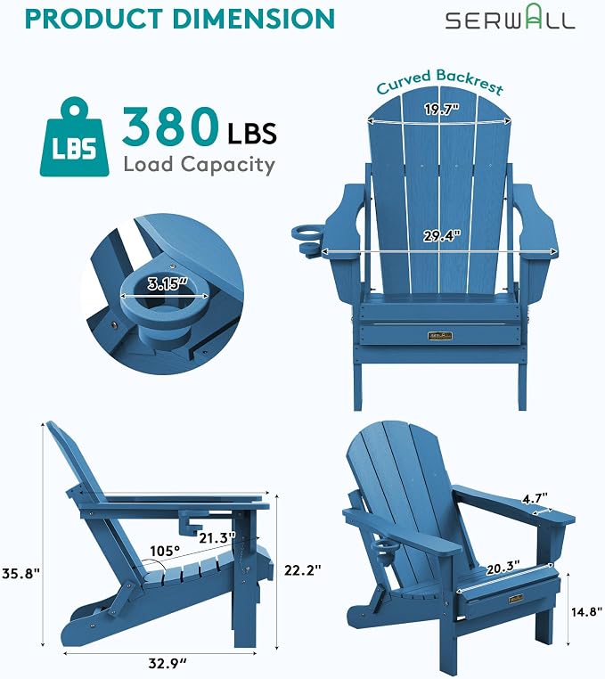 SERWALL Folding Adirondack Chair for Patio Garden Outdoors- Sapphire - Image 3