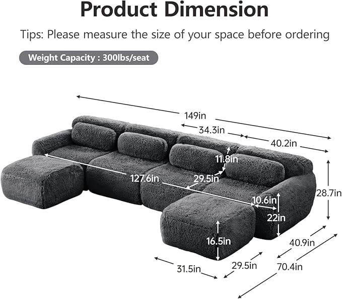 149" Modular Sectional Sofa, Modern Sectional Couch, U-Shape Boneless Couch for Living Room Apartments Bedroom, 32D High Density Sponge Lounge Sofa, No Assembly Required, Dark Grey