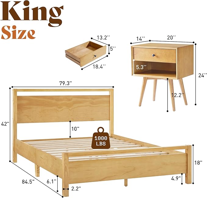 AMERLIFE 3 Pieces Solid Wood Bedroom Set, King Platform Bed Frame with Headboard and Fully Assembled Nightstand Set of 2 with Storage Drawer, Modern Bedroom Furniture Set, Natural