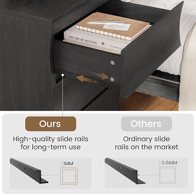Black Nightstand Set of 2, Night Stand with 3 Drawers, Modern Nightstand with Large Storage, Silent Slides, Wooden End Side Table, Bedside Table with 3 Drawers for Bedroom - Image 5