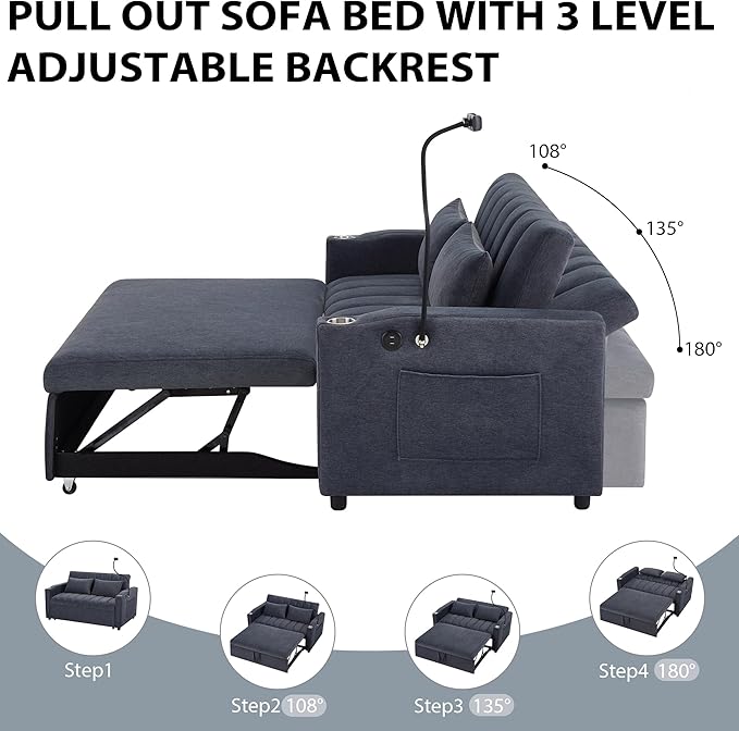 Eafurn 3 in 1 Convertible Sleeper Sofa Bed - Pull Out Couch Bed with Side Pockets, 55.9" Futon Love Seat Sleeper with Cup Holders and 360°Swivel Phone Holder for Living Room