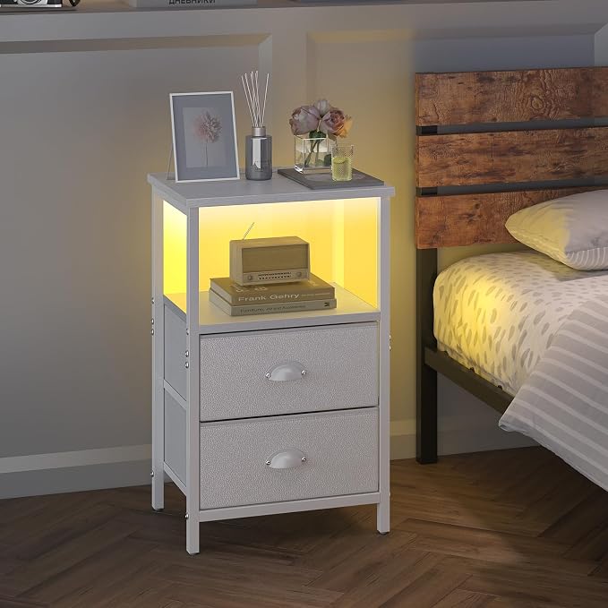sthmec Nightstand with Charging Station, LED Night Stand Set 2, Bedside Table End Tables Set of 2, Bedroom Tables with 2 Fabric Drawers PU Finish, 3-Tier Storage Side Table for Bedroom,White - Image 7