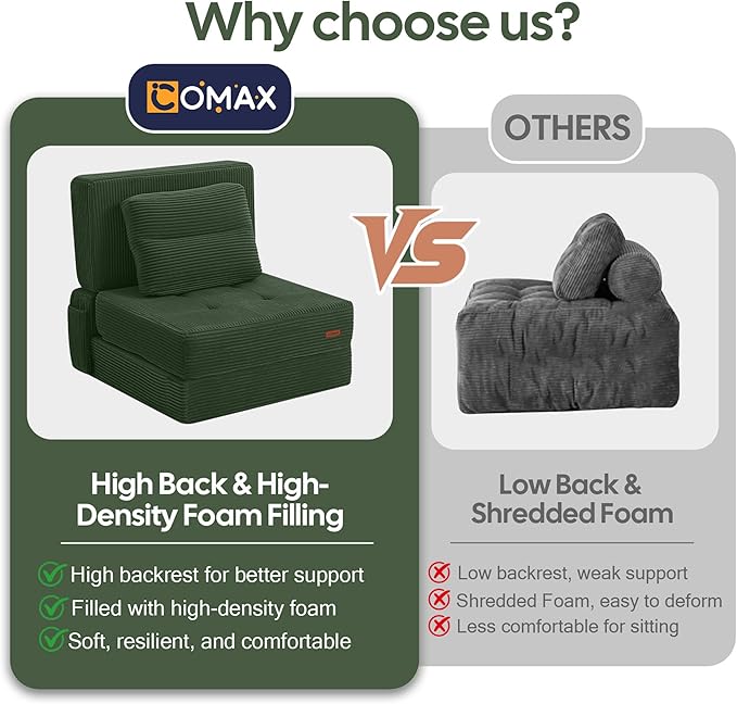COMAX Folding Sofa Bed, Foldable Couch for Bedroom, Convertible Floor Sleeper Futon Chair Foam, Corduroy 3 in 1 Fold Out Chair Portable Comfy Lounge Couch Sofa Bed for Small Space, Single, Green