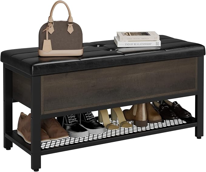 HOSTACK Storage Bench, Entryway Shoe Bench with Flip-Open Storage Box, End of Bed Ottoman Bench with Storage Shelf and Padded Seat for Bedroom, Hallway, Dark Brown - Image 8