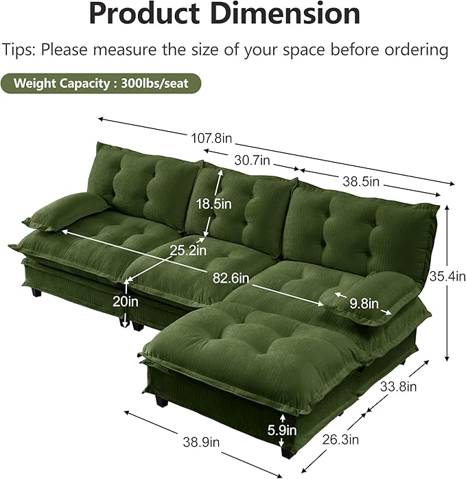 108" Oversized L Shaped Modular Sectional Sofa with Reversible Ottoman, Comfy Chenille Upholstered Cloud Couch 4-Seater Sofa Set for Living Room, Apartment, Office | Free Combination, Tufted
