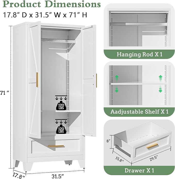 71" Tall Metal Armoire Wardrobe Closet,17.7" Deep By 31.5" Wide Portable Closet for Hanging Clothes,Wardrobe Cabinet with Drawer and Shelve for Bedroom Office Garage,White 1 Pack