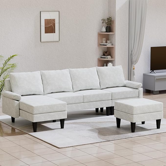 115 Inch Modular Sectional Sofa with Storage Ottoman, Modern L-Shaped Sectional Couch with Chaise, Chenille Couch for Living Room, Apartment or Small Spaces, Off-White
