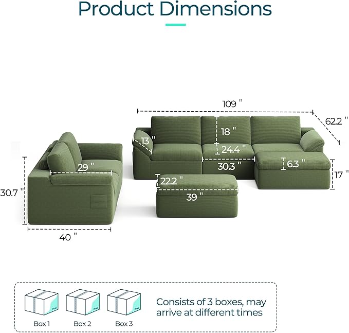 LINSY HOME Modern Boneless Cloud Couch Set with Movable Ottomans, Deep Seat Corduroy Secional Sofa Couch Sets for Living Room, Apartment, Office, No Assembly Required, Green
