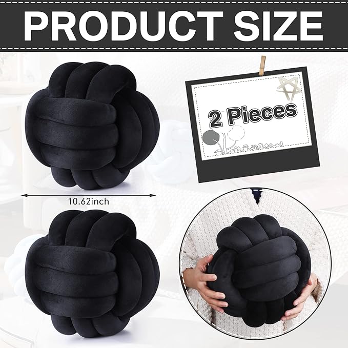 Namalu 2 Pcs Soft Knot Pillow Ball, Decorative Round Throw, Soft Knotted Plush Pillows, Handmade Stuffed Ball Pillows Cushion for Bedroom Sofa Couch Home Decor(10.6 Inches,Black)