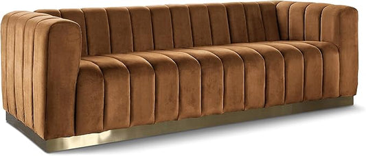 Meridian Furniture 603Saddle-S Marlon Collection Modern | Contemporary Velvet Upholstered Sofa with Deep Channel Tufting, Stainless Steel Base in a Brushed Gold Finish, Saddle, 86.5" W x 34" D x 28" H