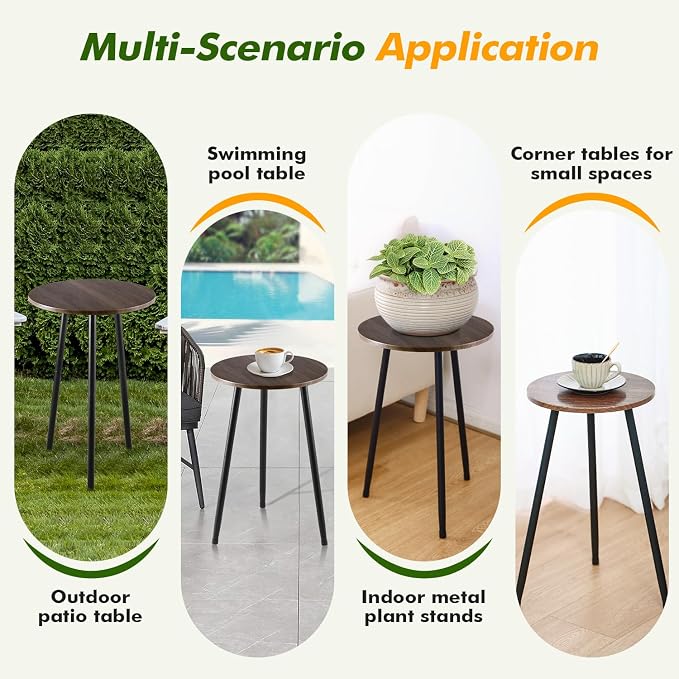 Metal Outdoor Side Tables Set of Two Small Outside Round End Table for Patio Modern Accent Garden Corner Table for Small Spaces, Balcony, Porch, Weather-Resistant Plant Stand Indoor, Woodgrain - Image 6