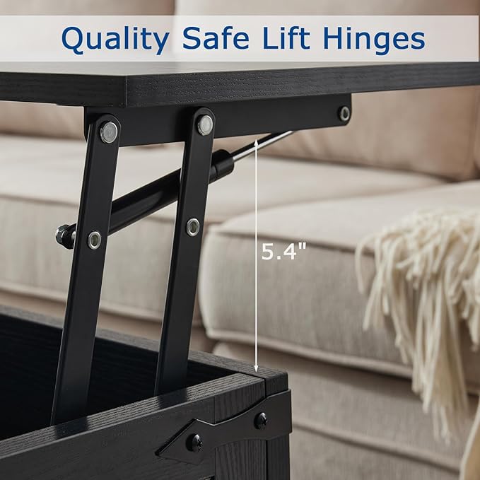 Black Coffee Table with Storage, Cocktail Table with Hinged Lift Top, Farmhouse Square Wood Center Table with Large Hidden Storage Compartment for Living Room, Square Coffee Table, Metal Edges Decor