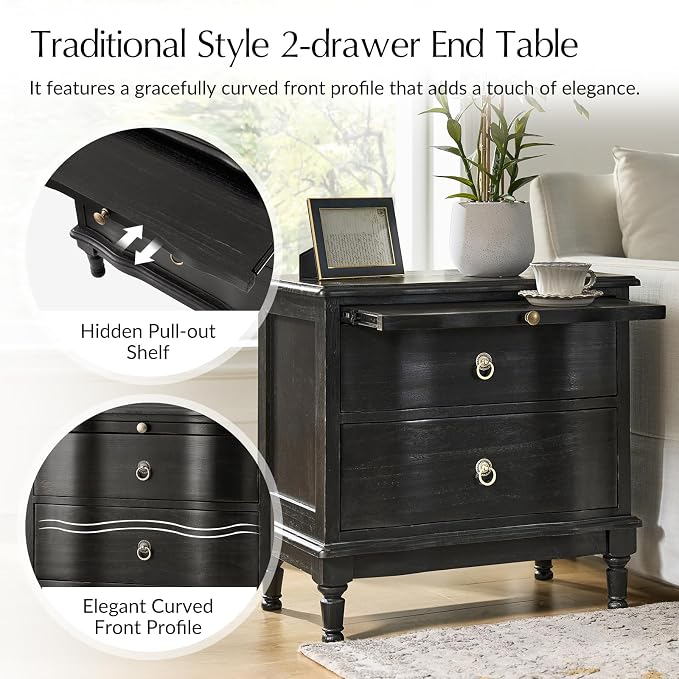 HULALA HOME Solid Wood Storage End Table with Hidden Pull-Out Shelf, Transitional 2 Drawer Side Table with Charging Station, Large SideTable with USB Ports, Easy Assembly, Charcoal - Image 3
