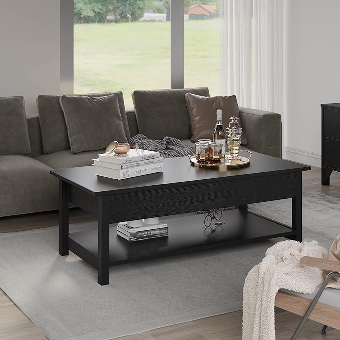 Panana Lift Top Coffee Table with Hidden Compartment and Open Shelf, Lift Tabletop Pop-Up Tea Table for Living Room, 45.28" L, Black
