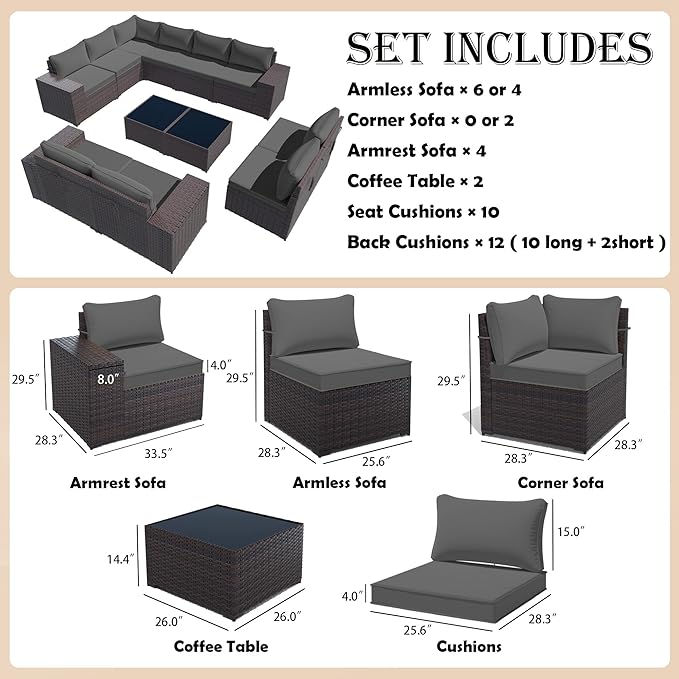 Gotland 12 Pieces Patio Furniture Set, Wicker Outdoor Sectional with Wide Armrests 29.5'' High Backrest 4'' Thick Waterproof Cushions, Oversized Patio Furniture for Deck Garden Gray