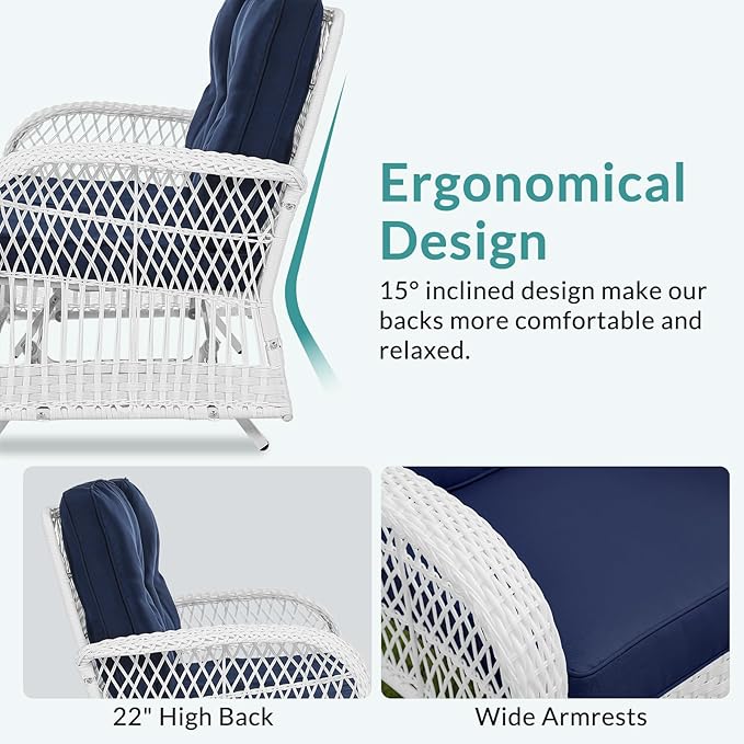 MEETWARM 4 Pieces Outdoor Wicker Patio Conversation Sets with Glider Loveseat, 2 Chairs with Coffee Table Wicker Rocking Glider Set, Rattan Conversation Set with Thickened Cushions, White/Navy