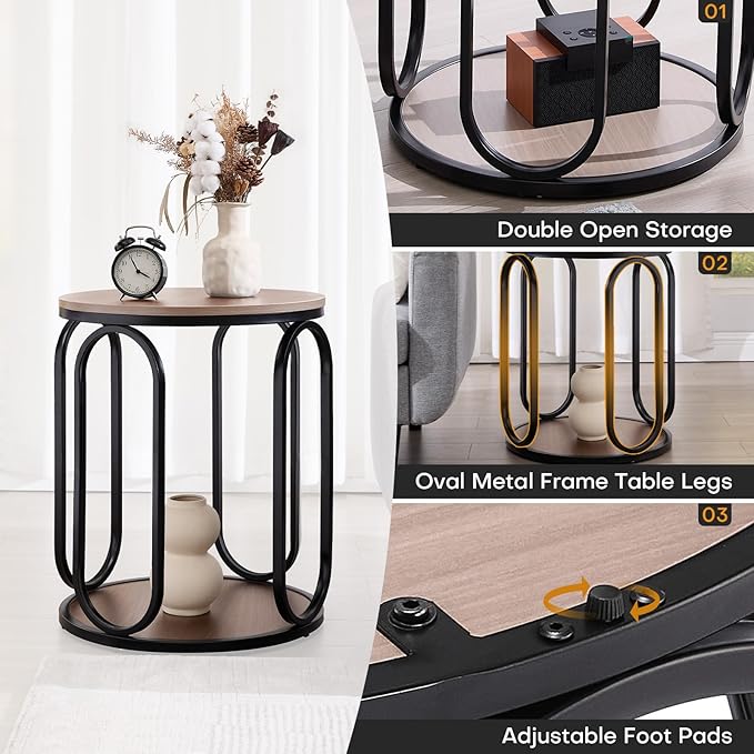 BECHAEO Small Side Table, 19.7" 2-Tier Round Bedside Table with Storage, Wood Industrial Design End Tables for Living Room, Bedroom, Office, Bathroom, Cream Brown