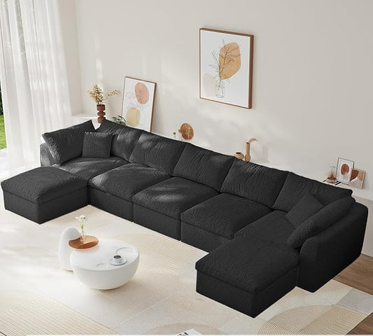 Modular Sectional Sofa Boneless Cloud Couch for Living Room, U Shape Deep Seat Recliner Sofa with Ottoman, Adjustable Backrest & 2 Throw Pillows - Covers Washable, (Black, 5 Seater+2 Ottoman)