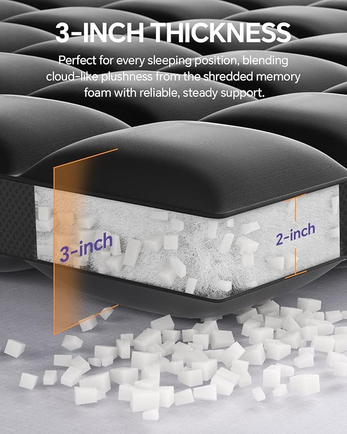 ChiXpace Dual Layer 5 Inch Memory Foam Mattress Topper Full - 3 Inch Pillow Top Mattress Pad and 2 Inch Gel Memory Foam, 7-Zone Egg Crate Full Size Mattress Topper (Black)