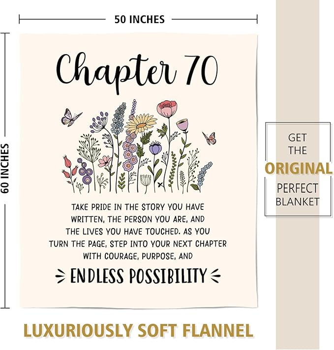 Afterprints 70th Birthday Gifts for Women, Chapter 70 Birthday Blanket, 70 Year Old Bday Gift for Woman, Mom, Friend, Sister, 70th Birthday Decorations, Turning 70 Throw Blankets 50'' x 60''